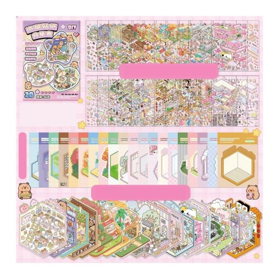 3D Scene Sticker Book Set for Kids Adults DIY Mini House Stickers Kit Reusable Kawaii Stickers for Home School Office
