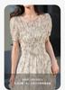 French Style Waist Cinched Round Neck Pleated Floral Dress