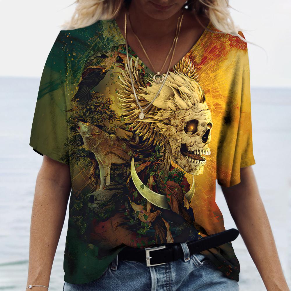 2022 New Women's T-shirts Skull Print Women's Short-sleeved Tops V-neck Pullover Streetwear Oversized T-shirts Summer Clothing