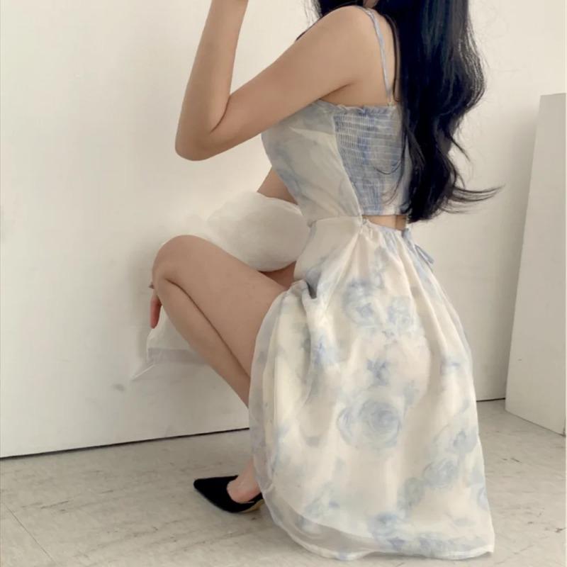 Модное летнее платье из шифона с подтяжками в стиле корейского шика, с принтом свежей живописи тушью, с открытой спиной