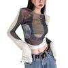 Nuanced Pattern Sheer Long Sleeve Top Sheer Pullover Sun Protection Sheer Mode Casual Korean Streetwear Blouse Chiffon Stretchy [NAMEOF] T-Shirt