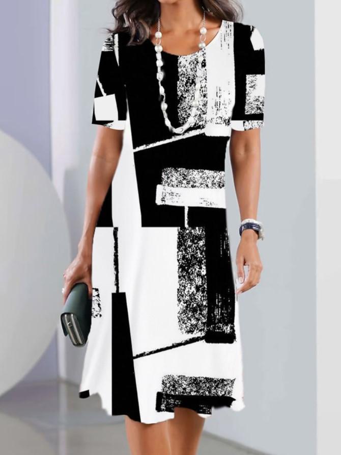 Summer Women's Round Neck Short Sleeve Printed Fashion Loose Midi Dress