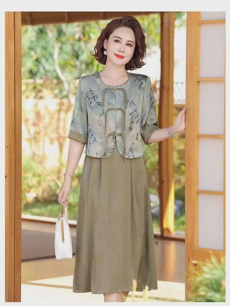 Летнее платье в стиле ретро в китайском стиле 2024 года: Элегантный костюм-двойка для женщин среднего и пожилого возраста