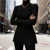 Women Knitting Tops High Collar Long Sleeve Slim Fit Sweater Tops Mid-length Side Split Design Solid Color Ribbed Tops
