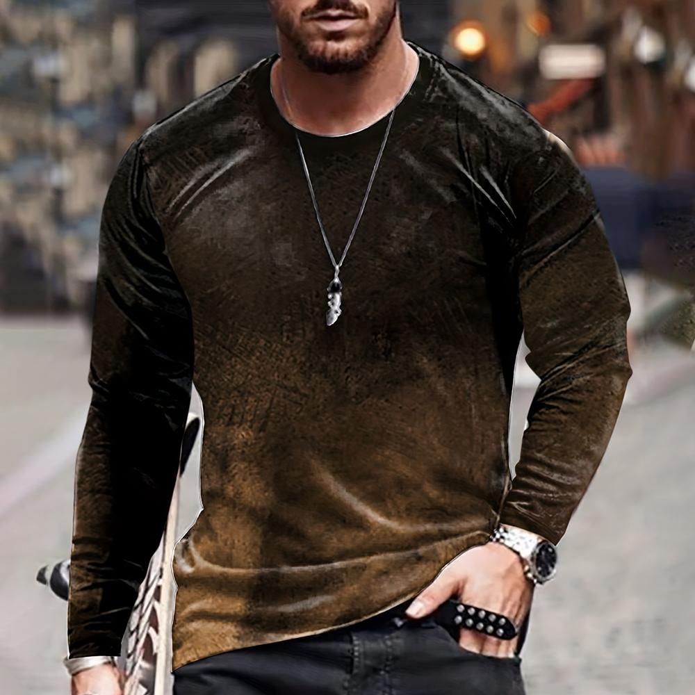 Цветная блокировка, трехмерный принт, мужская осенне-зимняя свободная повседневная рубашка с круглым вырезом и длинными рукавами, оверсайз, одежда в стиле ретро