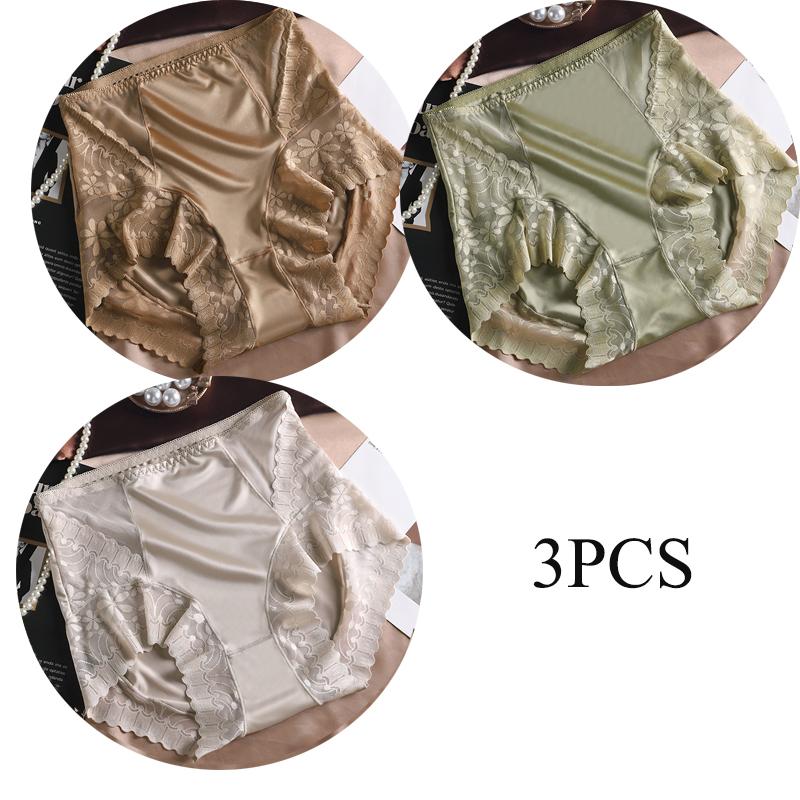 3pcs/sets Sexy High Waisted Lingerie Silky Satin Knickers Briefs Women's Soft Breathable Underwear Lace Breathable Pantys Triangle Panties for Women