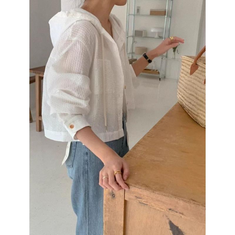 Women Striped Contrast Color Short Loose Long Sleeve Hooded Button Sunscreen Shirt