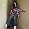 American Retro Sweet Cool Plaid Long Sleeved Shirt for Women's Spring and Autumn Loose Fitting Shirt Jacket