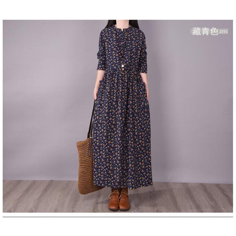 Womens Vintage Floral Long Dress Loose Fit Sleeve Swing Casual