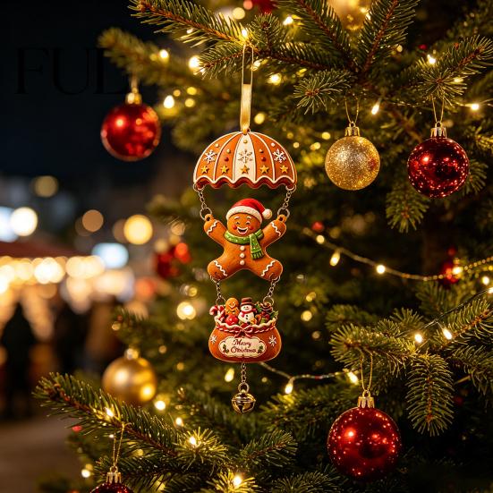 Skydiving Christmas Ornaments Santa Claus/Gingerbread Man Ornament, 2D Flat Wooden Pendant with Winter Holiday Decorations Hanging String and Bell for
