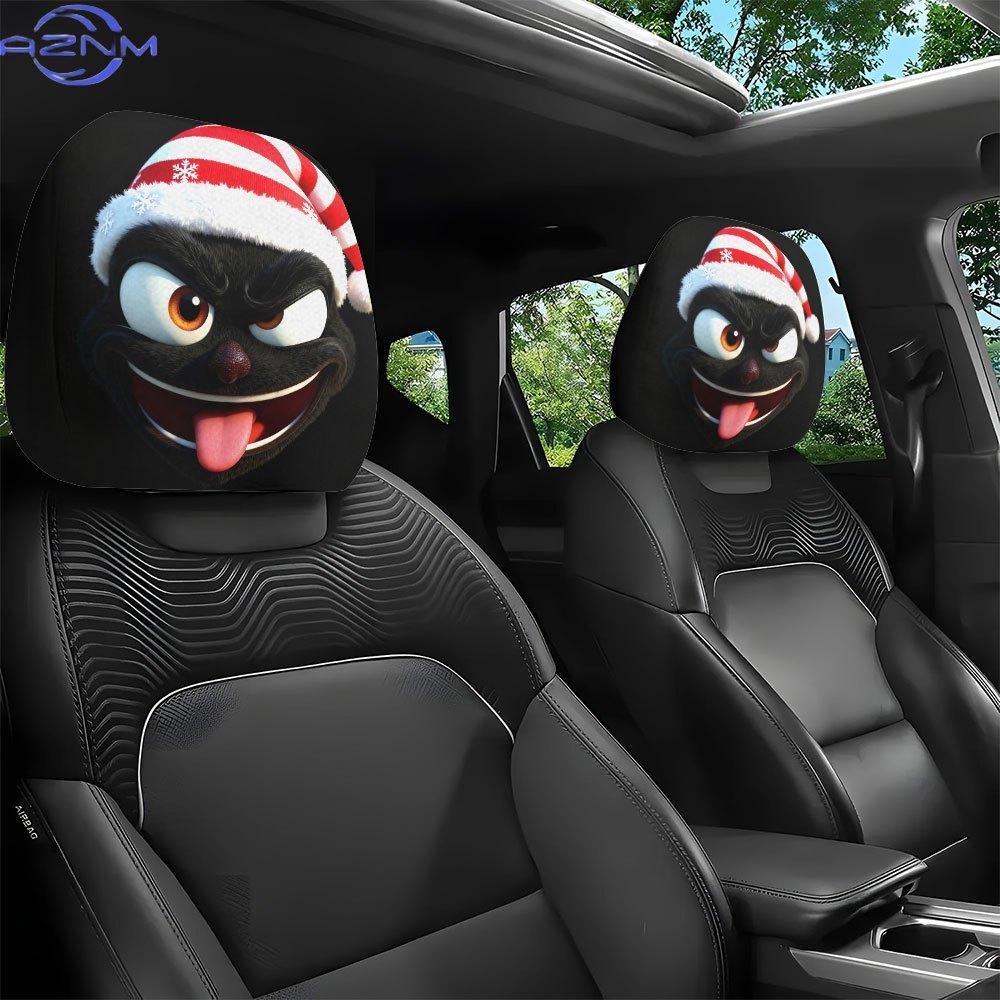 , Funny Black Cat Print Christmas Hat Headrest Covers, Decor, Fit, Washable, Easy to Install, Suitable for Long Distanc