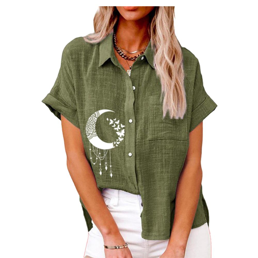 Женская модная футболка с принтом, летняя и осенняя футболка с коротким рукавом на пуговицах, женская повседневная футболка с воротником с лацканами, свободные блузки