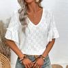 Plus Size Women's Summer T-shirt Knitted Embroidery Hollow Ruffle V-neck Short-sleeved Blouse Women's T-shirt