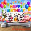 Playful Panda Trio Celebrating with Colorful Balloons, Rainbow Arch and Festive Happy Birthday Lettering, Vibrant Flat-Design Backdrop for