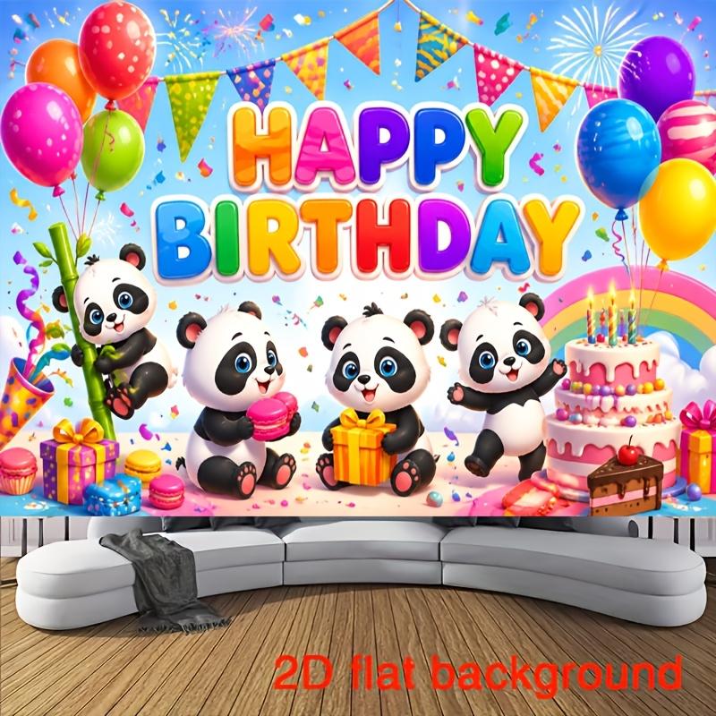 Playful Panda Trio Celebrating with Colorful Balloons, Rainbow Arch and Festive Happy Birthday Lettering, Vibrant Flat-Design Backdrop for