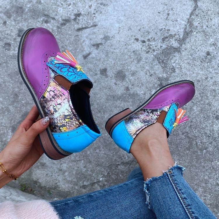 Весенние туфли смешанных цветов 2024 года, женские туфли на плоской подошве с принтом, винтажный круглый носок, кисточки, шнуровка, женская мода, ретро женская обувь