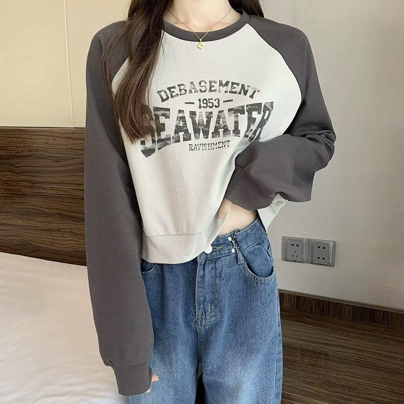 Винтажная тонкая футболка с длинными рукавами, пуловер с буквенным принтом, толстовка, женская одежда, укороченные топы, японская одежда Harajuku Y2K