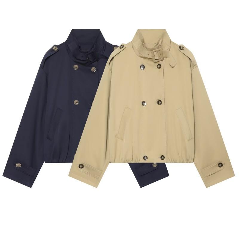 2026 Stand Collar Shoulder Epaulet Double Metal Button Short Trench Coat Women