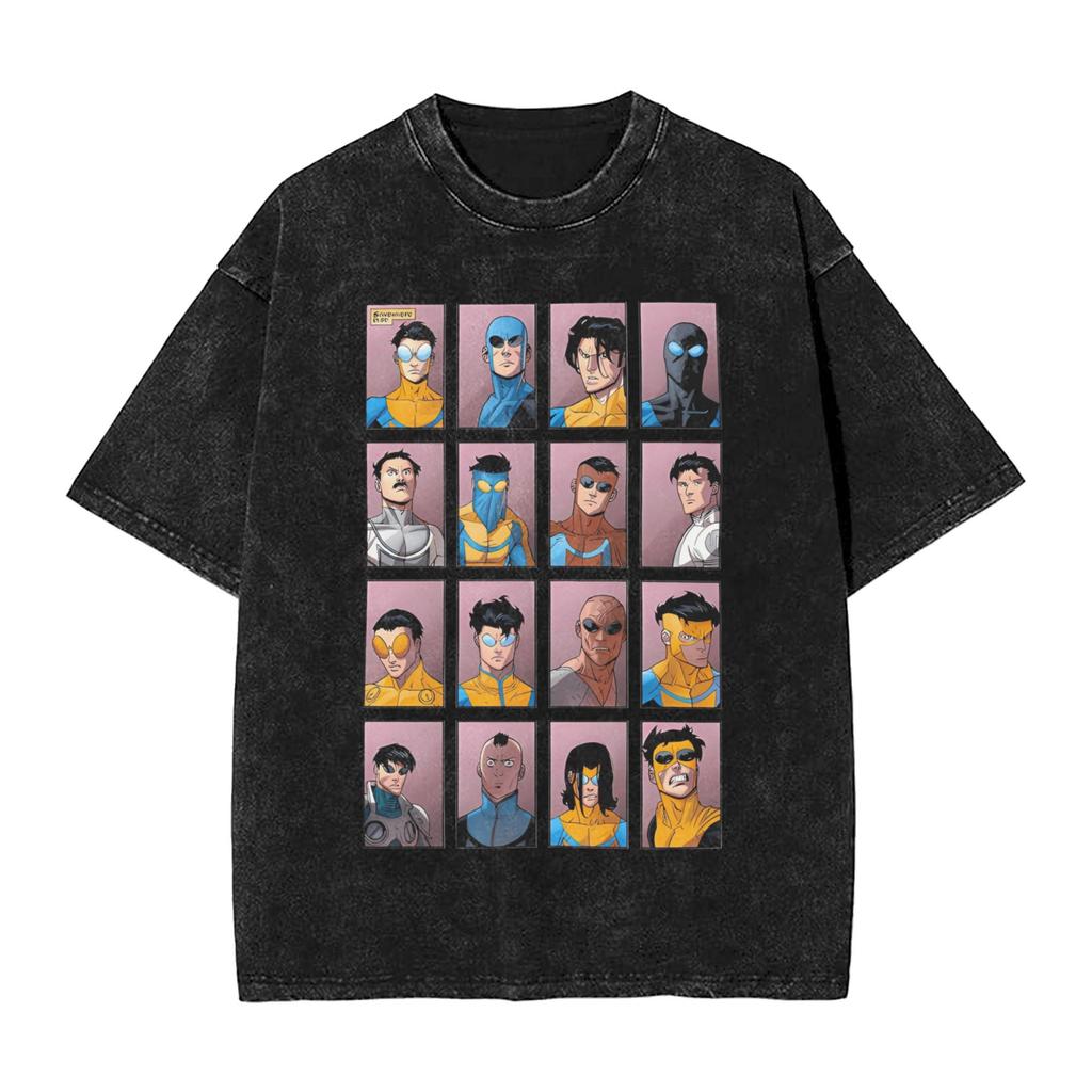 Vintage Washed Oversized TShirt InvincibleSuperhero Print Cotton Casual Short Sleeve Retro Streetwear Tee for Men Women