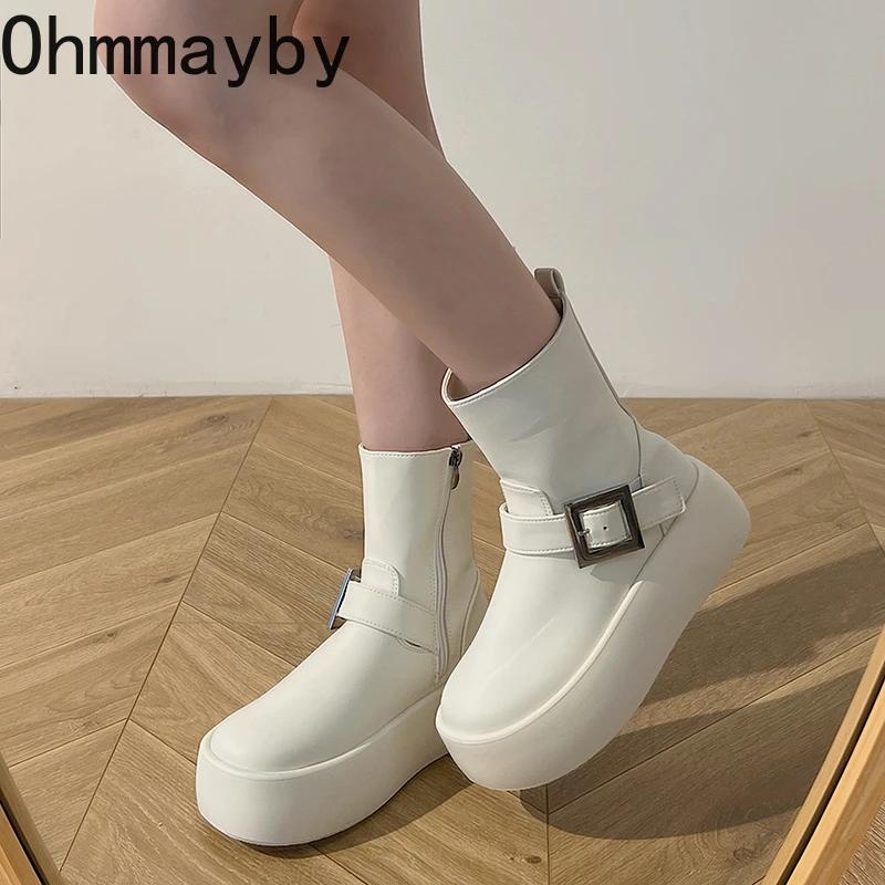 Модные женские короткие сапоги на толстой подошве с пряжкой на ремне, водонепроницаемые туфли на платформе, осень-зима, женские ботильоны