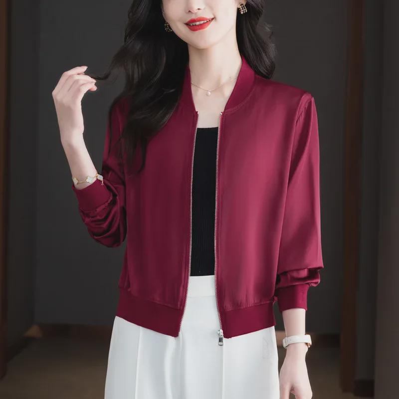 Весна 2024 Женская свободная бейсбольная куртка из ацетатного атласа - Повседневный короткий кардиган с длинными рукавами