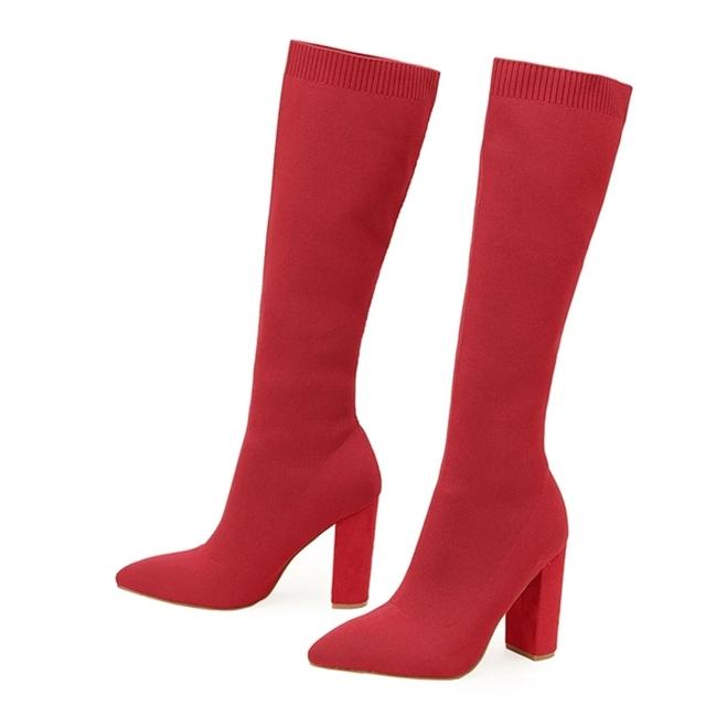 Liyke Green Women Cozy Knitting Stretch Fabric Knee High Boots Fashion Square Heels Autumn Winter Sock Long Shoes Booties Female