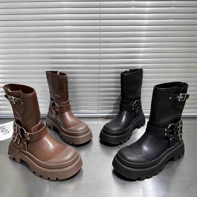 Мода Новые Коричневые Винтажные Круглый Носок Массивный Каблук Очень Высокие Женские Ковбойские Сапоги Пряжка Вестерн Сапоги для Женщин Сапоги Zapatos Mujer