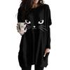 New In Autumn Cat Face Print Plus Size Dress Women O'neck Long Sleeves Casual Pocket Dresses
