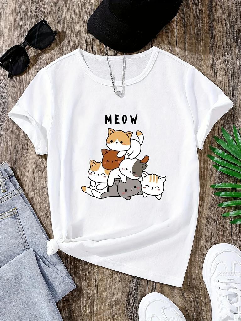 Милая футболка с маленьким котенком для женщин, милые черные короткорукавные футболки с принтом в стиле Харадзюку, футболка с узором для женщин, винтажный топ Y2k