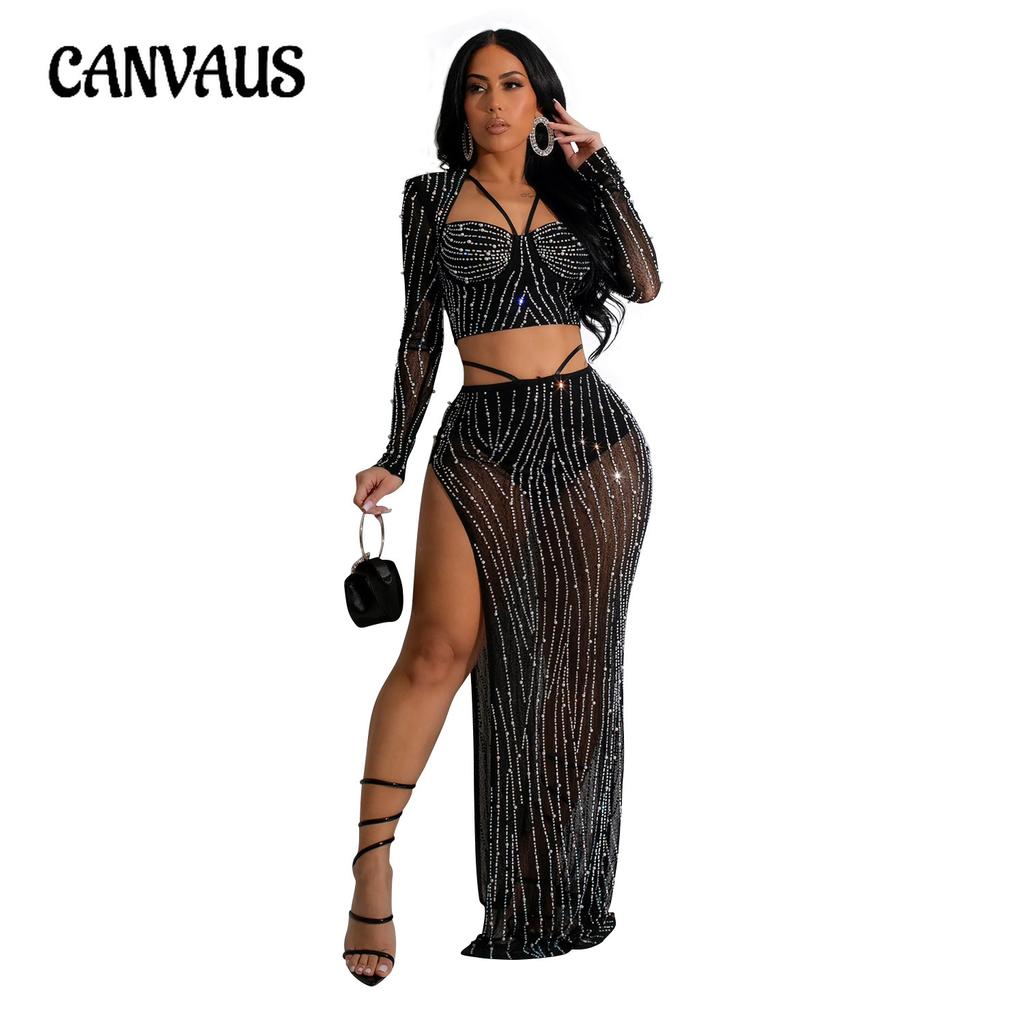 Evening Dress Fashion Women's Evening Gown Solid Colour Mesh Hot Drilling Long Sleeve Long Dress Set