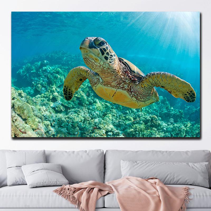 Green Sea Turtle Swims Underwater Canvas Painting Wall Pictures Sea Life Animal Posters and Prints for Living Room Decor Cuadros