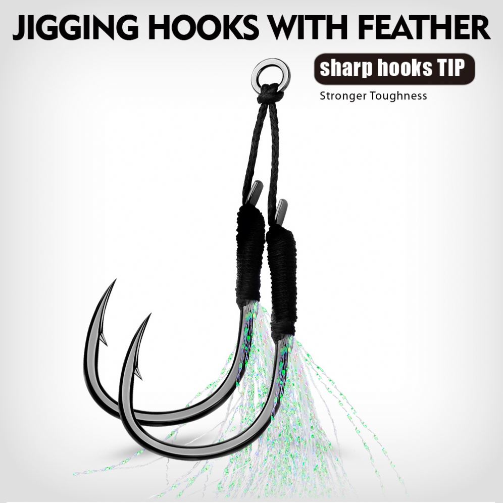 5Pair/Bag Jigging Fishing Assist Hooks 11-13-15-16-17-18-19-20# UV Light Double Barbed Jig Fishhooks With Glow Feather