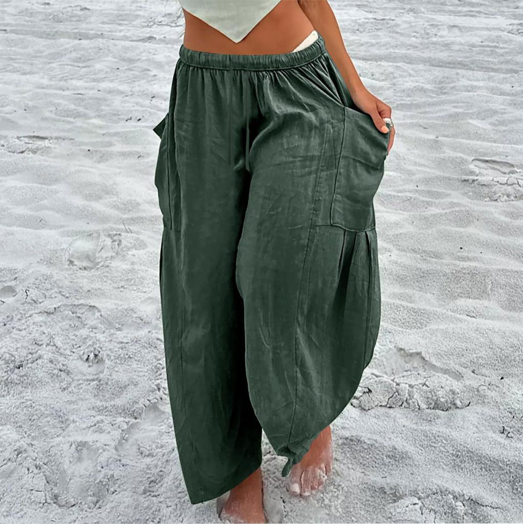 Women Plus Size Wide Leg Linen Pants Middle Waist Summer Baggy Pants