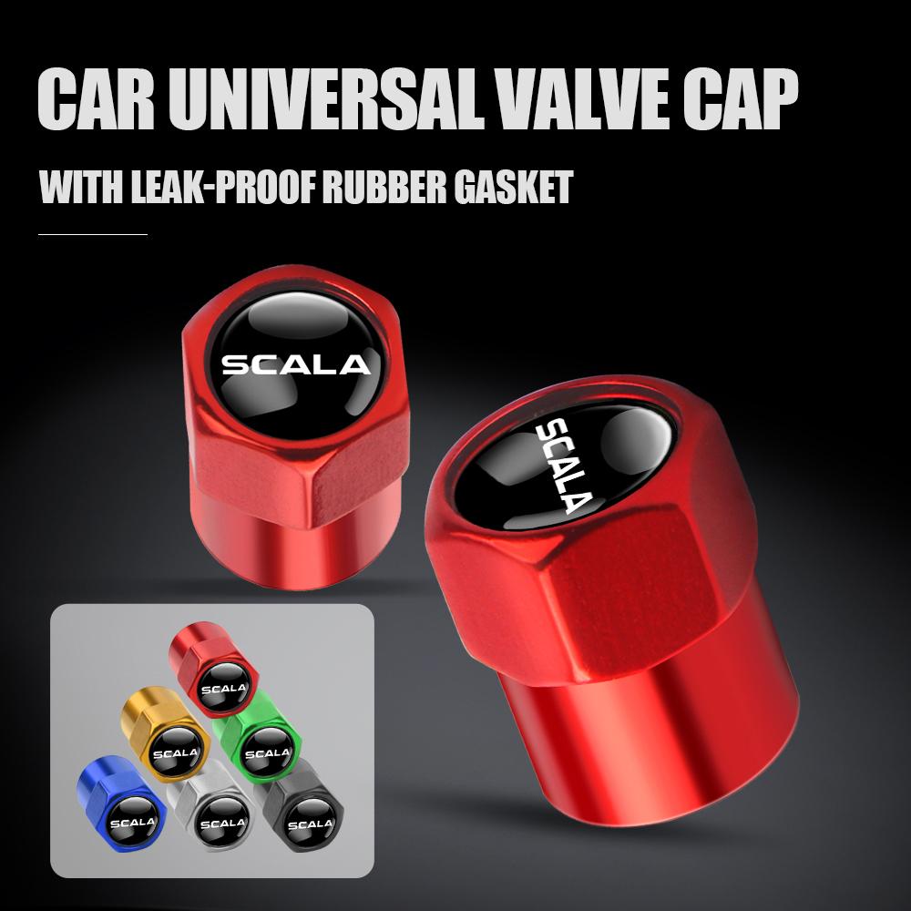 LKPP1 4Pcs Car Tire Valve Cap Metal Logo Dustproof Cover Accessories For Skoda Kodiaq Octavia Enyaq Kamiq Scala Rapid Superb Karoq RS