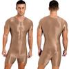 Mens Short Sleeve Zipper Jumpsuit Glossy Stretchy Round Neck One Piece Swimsuit