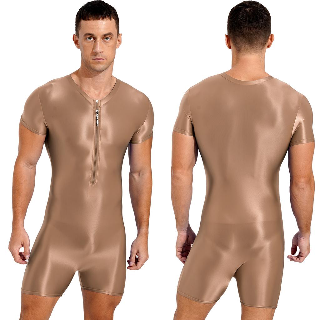 Mens Short Sleeve Zipper Jumpsuit Glossy Stretchy Round Neck One Piece Swimsuit