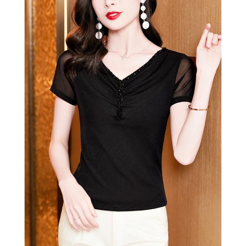 New Summer Sexy V-neck T-shirt for Women's Short-sleeved Beaded Top Fashionable and Versatile Tight Shirt