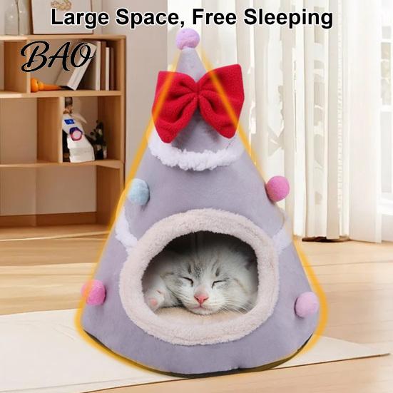 Cute Christmas Tree Pet Bed Cat Bed, Plush Cave with Removable Cushion, Non-slip Warm Sleeping for Cats Bottom, Cozy House Indoor Kittens Winter