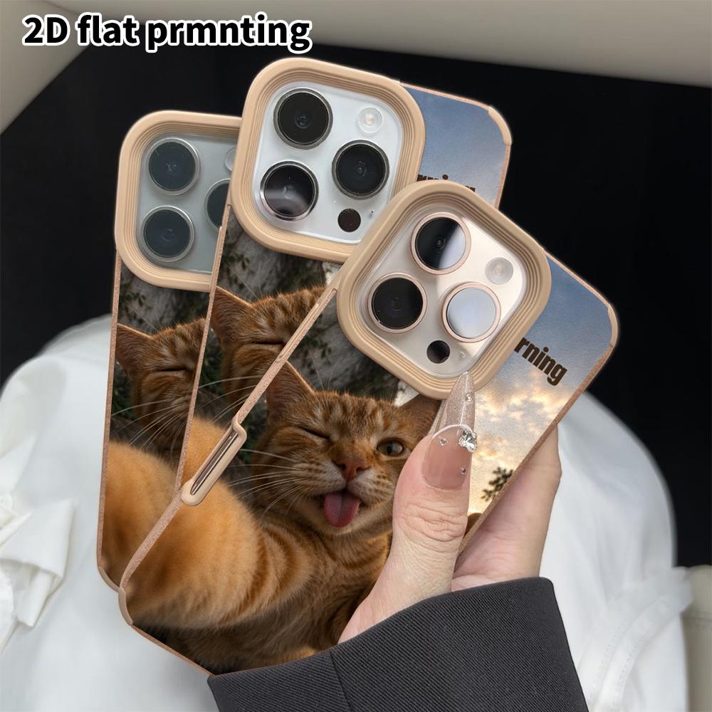 Phone Case: 2D flat lambskin suitable for iPhone 18, 17, 16, 15, 14, 13 Pro film protective case,selfie orange cat, Christmas and Halloween gift