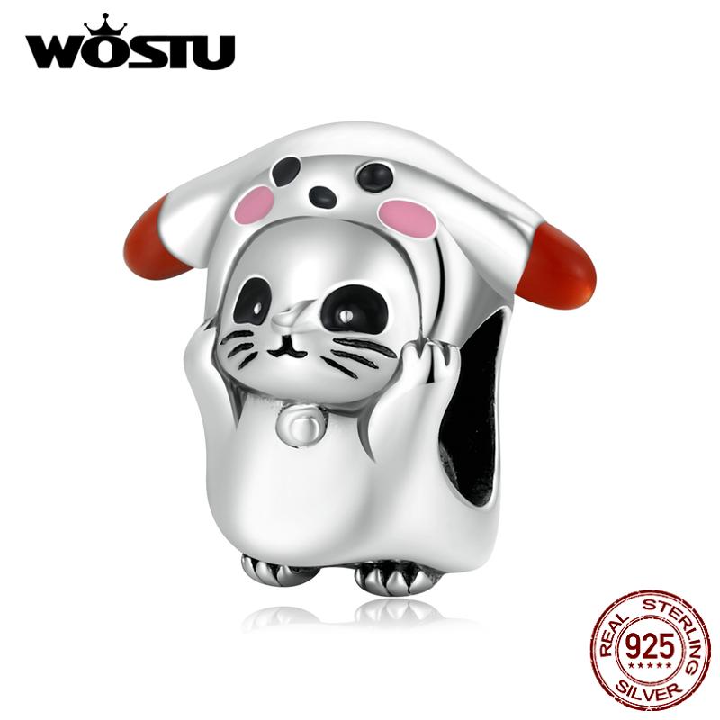 WOSTU Бусины из стерлингового серебра 925 пробы с изображением животных, подвеска в виде милого кота, подходит для оригинального браслета, ожерелья, ювелирные изделия своими руками