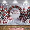 Red and silver color Christmas happy background fabric, featuring patterns of Christmas trees, garlands and gift boxes