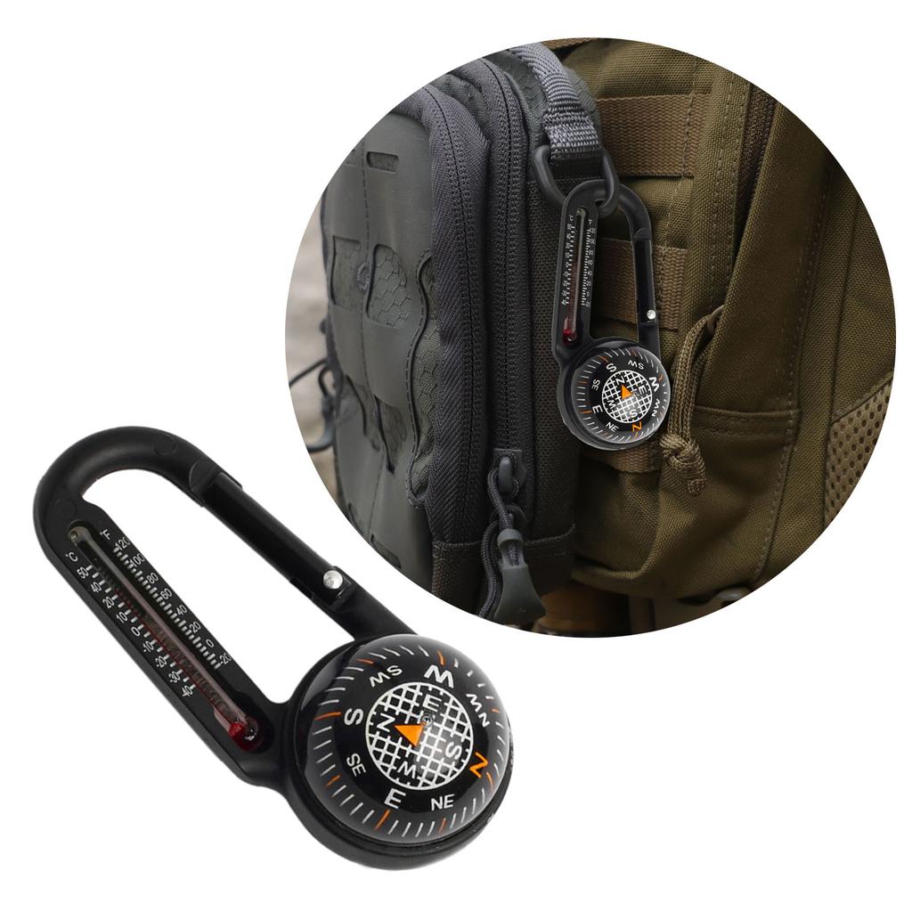 Mini Compass Carabiner Clip Convenient Outdoor Survival Tool with Built In Thermometer Pocket-Sized Waterproof Keychain