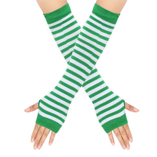 Длинные полосатые митенки для женщин, зимние длинные перчатки без пальцев, повседневные вязаные перчатки до локтя с отверстием для большого пальца