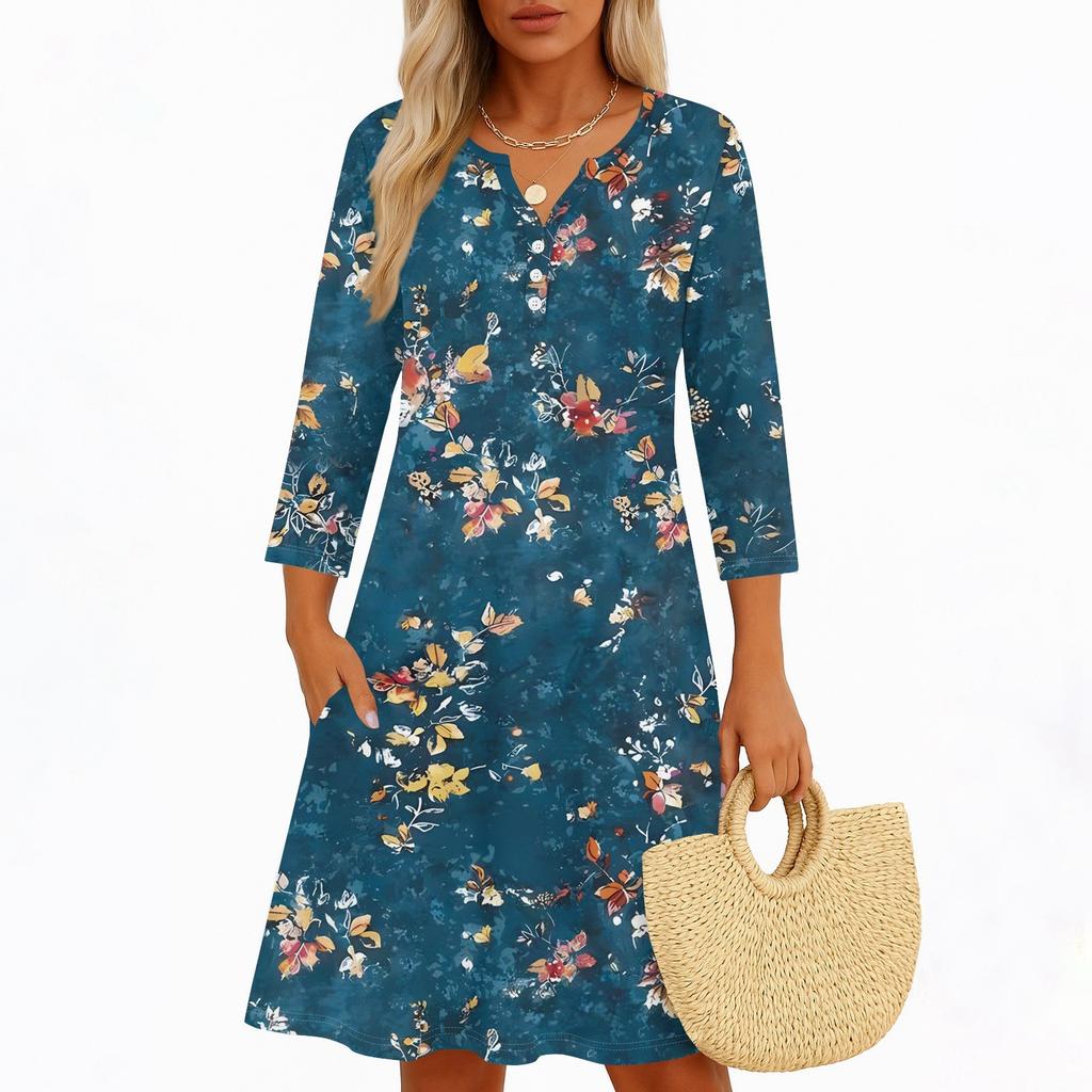 Платья для женщин Весенние сарафаны Женское повседневное платье с рукавом 3/4 V-образный вырез Бохо Платье с цветочным принтом