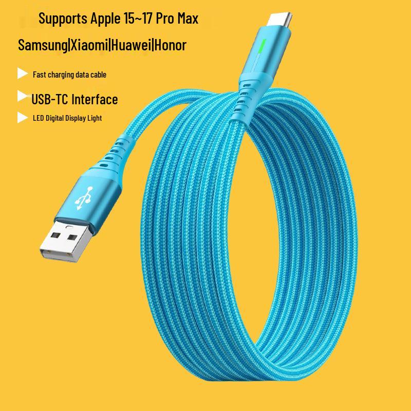 Быстрый зарядный кабель 240 Вт с двумя портами USB-C и светодиодной подсветкой для устройств Apple, Android, Huawei.