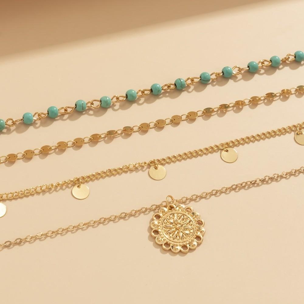 Necklace Set Turquoise Stone Necklace Golden Multi-layer Necklace Retro Jewelry Set Girls