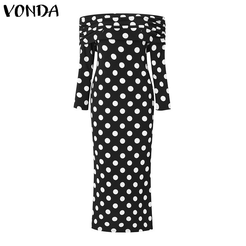 VONDA Женское облегающее платье с открытыми плечами и длинными рукавами в горошек