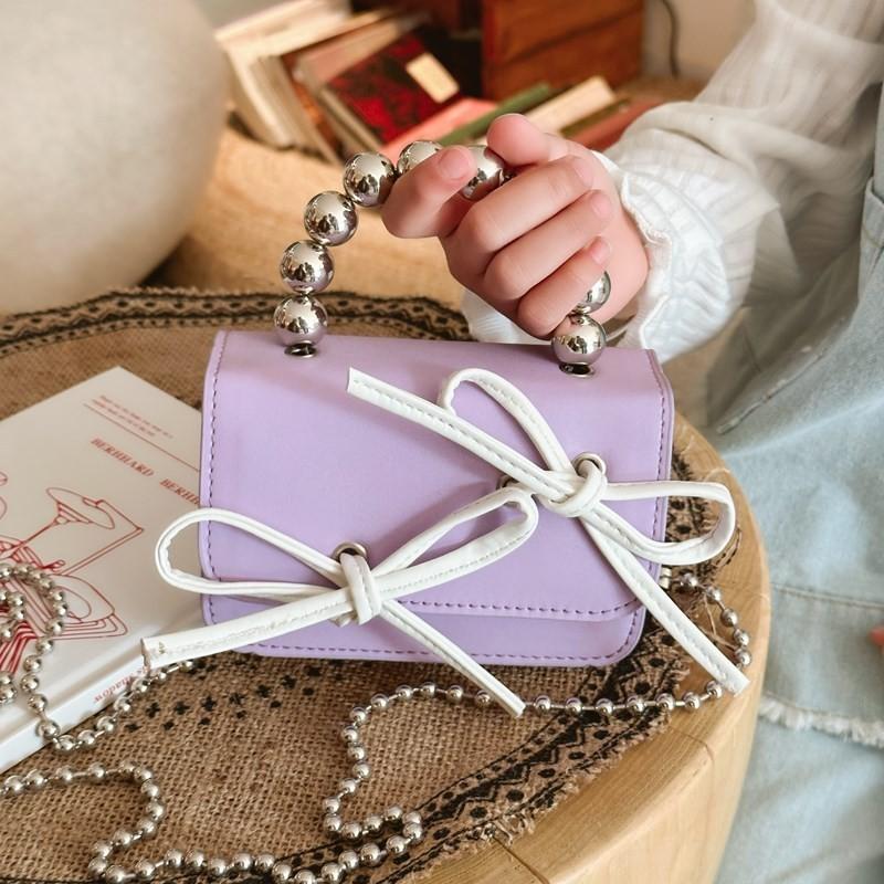 Cute Color-block Kids Shoulder Bag Mini Beaded Child Bag Fashion Bow Children Crossbody Bag Pink