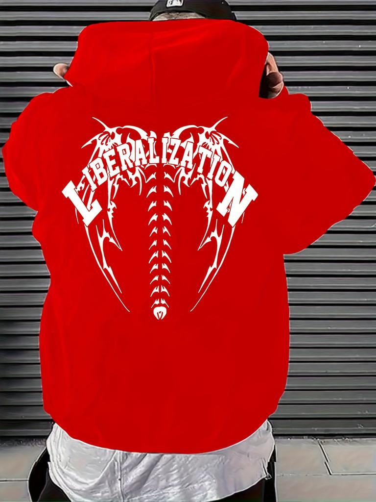 Мужская толстовка с капюшоном с рисунками скелета позвоночника и племенных крыльев - Слоган "ЛИБЕРАЛИЗАЦИЯ" Уличная мода