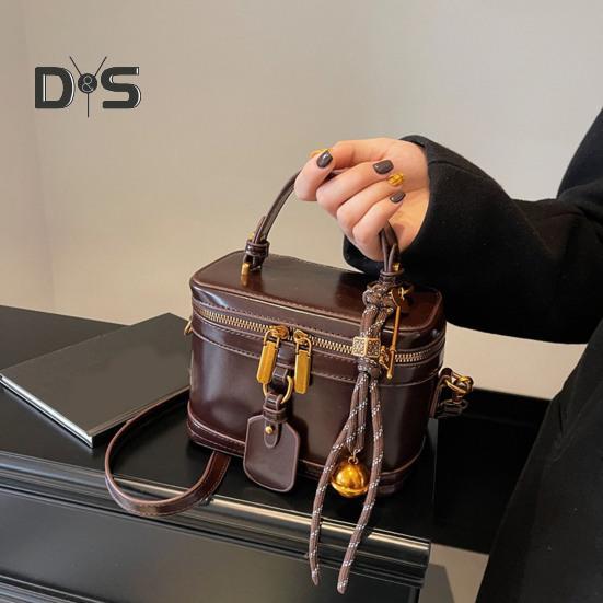 Crossbody Bag Bucket Shape Faux Leather Bell Rope Decor Handbag Vintage Zipper Closure Smooth Surface Shoulder Bag for Work Party Travel